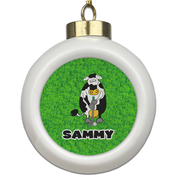 Custom Cow Golfer Ceramic Ball Ornament (Personalized)