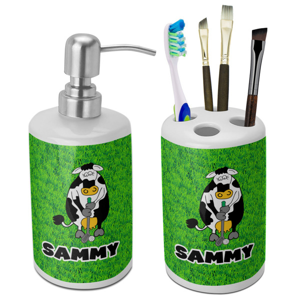 Custom Cow Golfer Ceramic Bathroom Accessories Set (Personalized)
