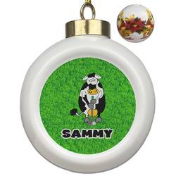 Cow Golfer Ceramic Ball Ornaments - Poinsettia Garland (Personalized)