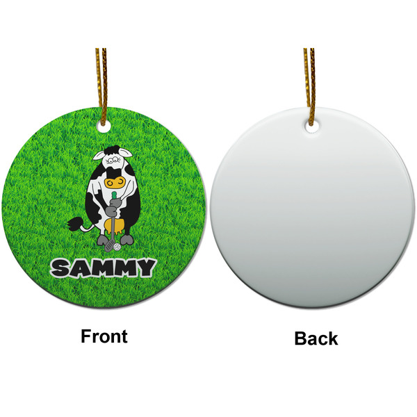 Cow Golfer Ceramic Flat Ornament - Circle Front & Back (APPROVAL)