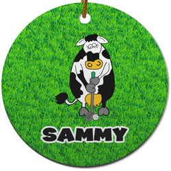 Cow Golfer Round Ceramic Ornament w/ Name or Text