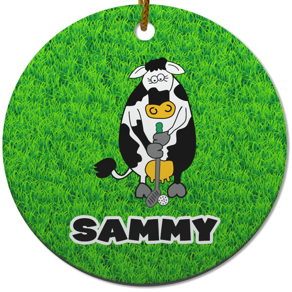 Cow Golfer Ceramic Flat Ornament - Circle (Front)
