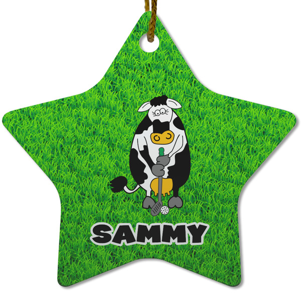 Cow Golfer Ceramic Flat Ornament - Star (Front)