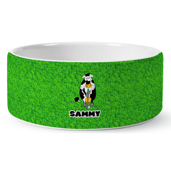 Custom Cow Golfer Ceramic Dog Bowl - Large (Personalized)