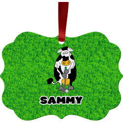 Cow Golfer Metal Frame Ornament - Double Sided w/ Name or Text