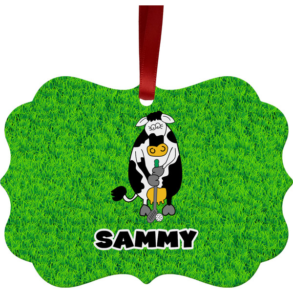 Custom Cow Golfer Metal Frame Ornament - Double Sided w/ Name or Text