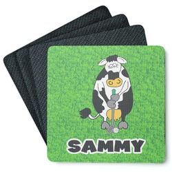 Cow Golfer Square Rubber Backed Coasters - Set of 4 (Personalized)