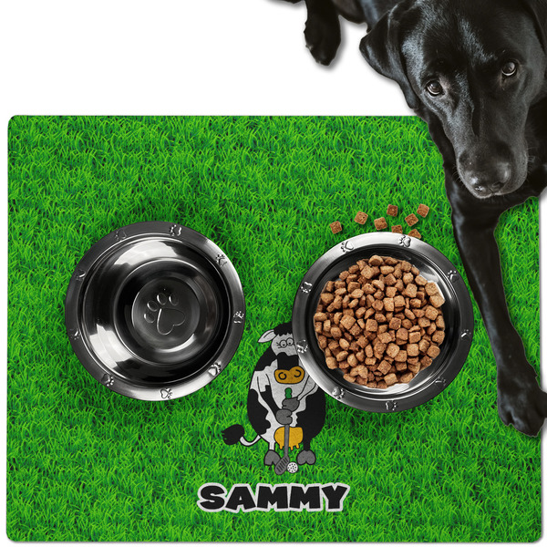 Custom Cow Golfer Dog Food Mat - Large w/ Name or Text
