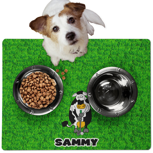 Custom Cow Golfer Dog Food Mat - Medium w/ Name or Text