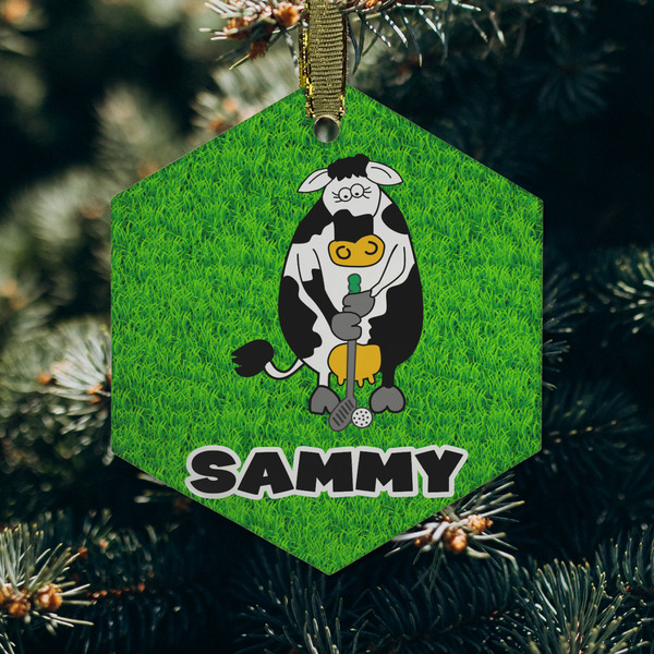 Cow Golfer Frosted Glass Ornament - Hexagon (Lifestyle)
