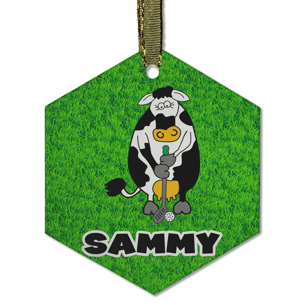 Custom Cow Golfer Flat Glass Ornament - Hexagon w/ Name or Text