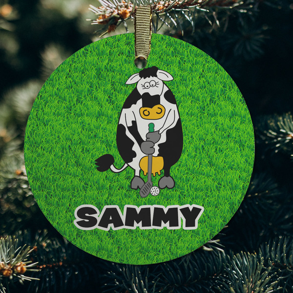 Cow Golfer Frosted Glass Ornament - Round (Lifestyle)