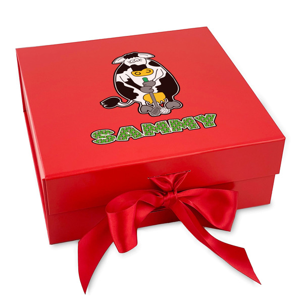 Custom Cow Golfer Gift Box with Magnetic Lid - Red (Personalized)
