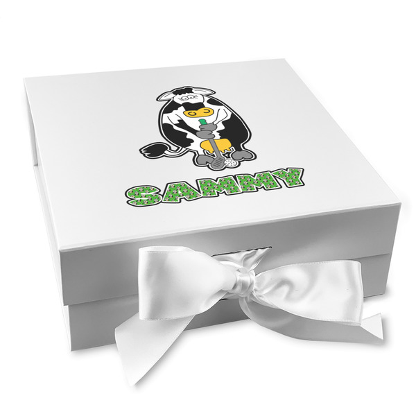 Custom Cow Golfer Gift Box with Magnetic Lid - White (Personalized)
