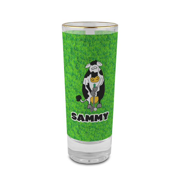 Custom Cow Golfer 2 oz Shot Glass - Glass with Gold Rim (Personalized)