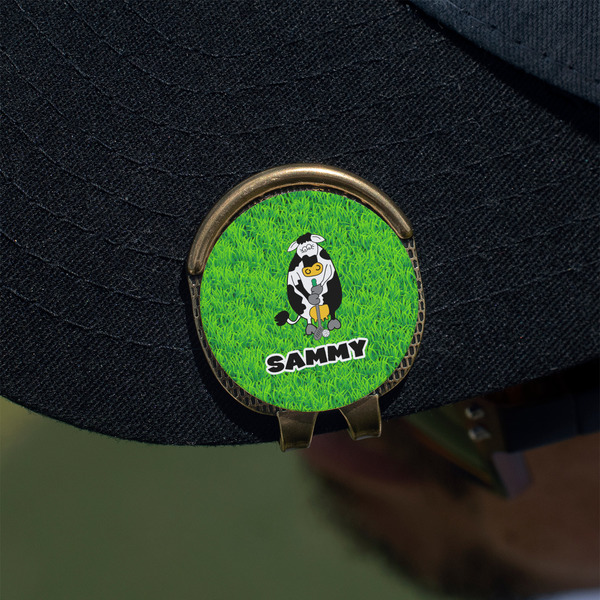 Cow Golfer Golf Ball Marker Hat Clip - Gold - On Hat