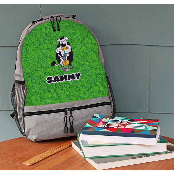 Cow Golfer Large Backpack - Gray - On Desk