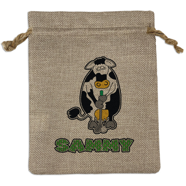 Custom Cow Golfer Medium Burlap Gift Bag - Front (Personalized)