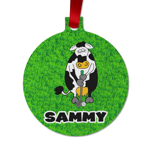Custom Cow Golfer Metal Ball Ornament - Double Sided w/ Name or Text