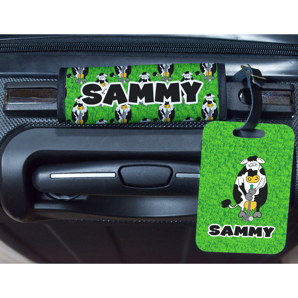 Cow Golfer Metal Luggage Tag & Handle Wrap - In Context