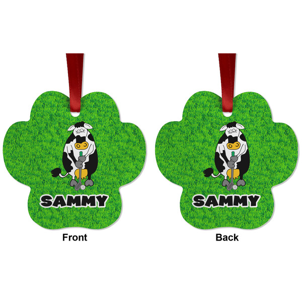 Cow Golfer Metal Paw Ornament - Front and Back
