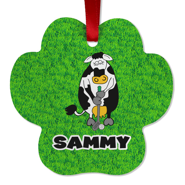 Custom Cow Golfer Metal Paw Ornament - Double Sided w/ Name or Text