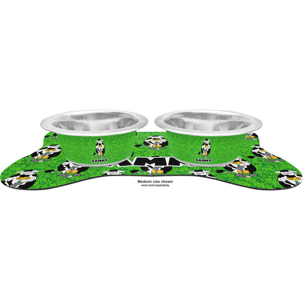 Cow Golfer Metal Pet Bowls - On Dog Bone Shaped Mat