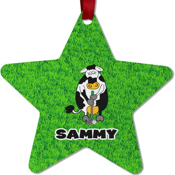 Custom Cow Golfer Metal Star Ornament - Double Sided w/ Name or Text