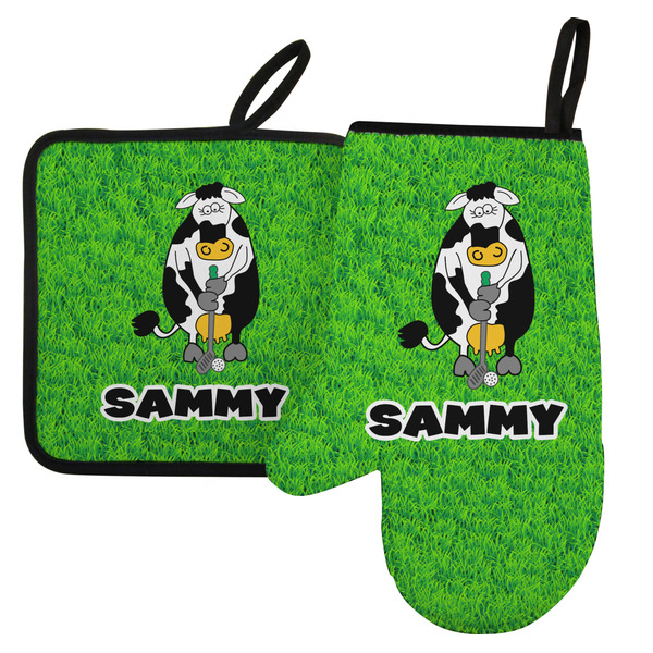 Custom Cow Golfer Left Oven Mitt & Pot Holder Set w/ Name or Text