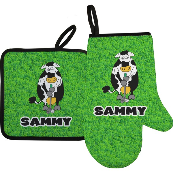 Custom Cow Golfer Right Oven Mitt & Pot Holder Set w/ Name or Text