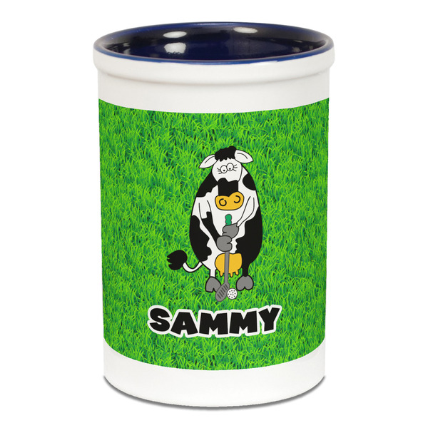 Custom Cow Golfer Ceramic Pencil Holders - Blue
