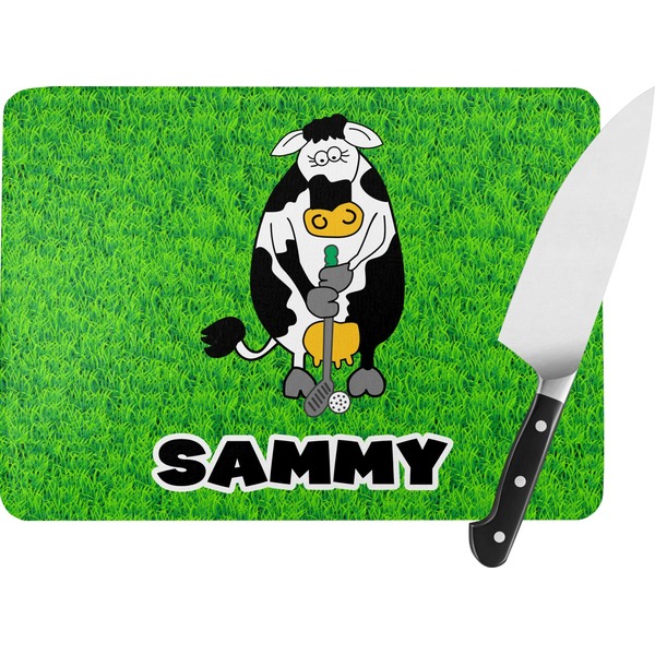 Custom Cow Golfer Rectangular Glass Cutting Board (Personalized)