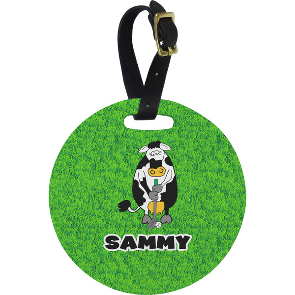 Custom Cow Golfer Plastic Luggage Tag - Round (Personalized)