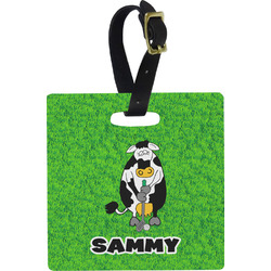 Cow Golfer Plastic Luggage Tag - Square w/ Name or Text