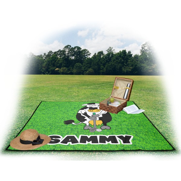 Cow Golfer Picnic Blanket - with Basket Hat and Book - in Use