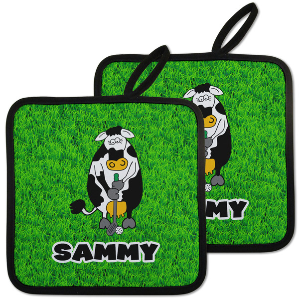 Custom Cow Golfer Pot Holders - Set of 2 w/ Name or Text