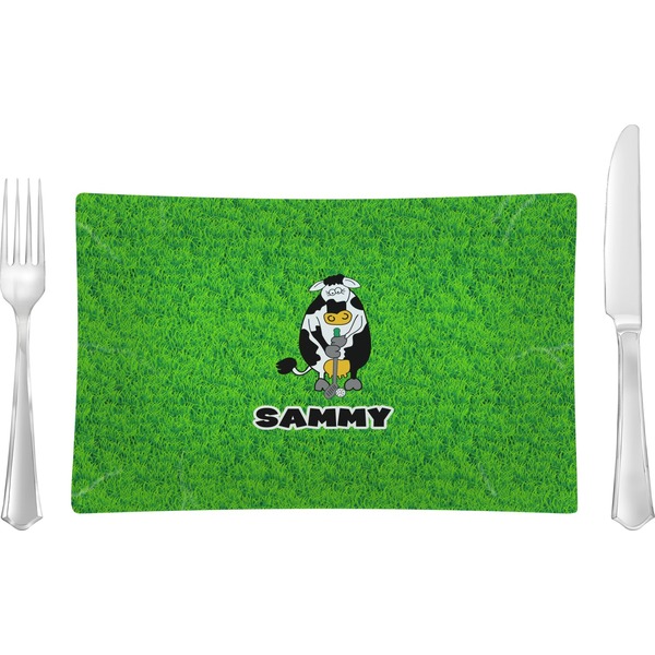 Custom Cow Golfer Rectangular Glass Lunch / Dinner Plate - Single or Set (Personalized)