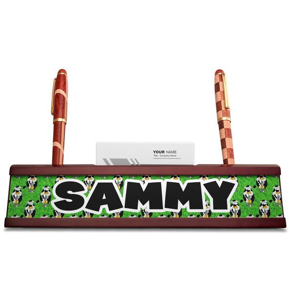 Cow Golfer Red Mahogany Nameplates with Business Card Holder - Straight