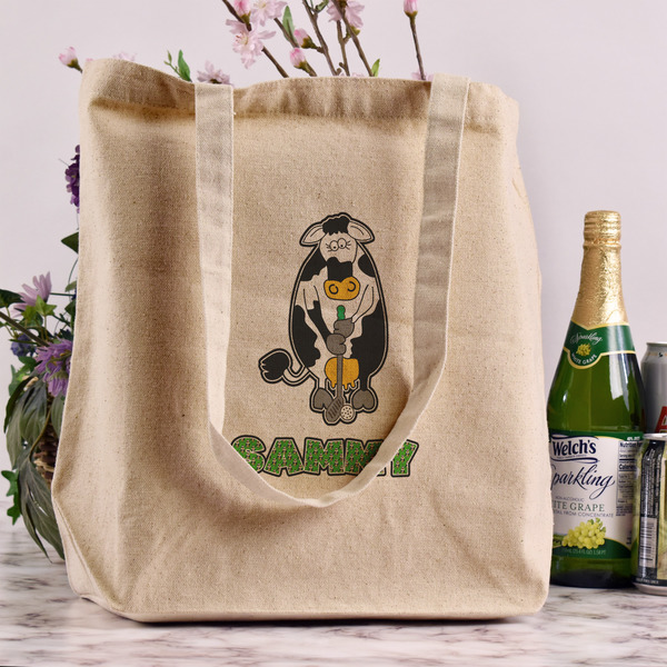 Cow Golfer Reusable Cotton Grocery Bag - In Context