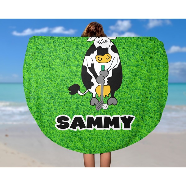 Cow Golfer Round Beach Towel - In Use