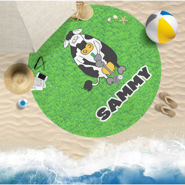 Cow Golfer Round Beach Towel Lifestyle