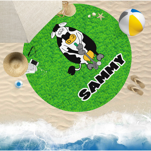 Cow Golfer Round Beach Towel Lifestyle
