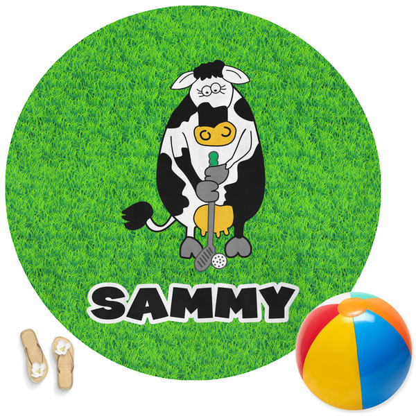 Custom Cow Golfer Round Beach Towel (Personalized)