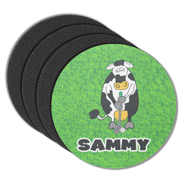 Custom Cow Golfer Round Rubber Backed Coasters - Set of 4 (Personalized)