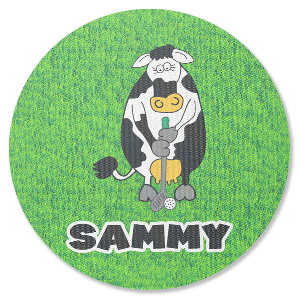 Custom Cow Golfer Round Rubber Backed Coaster (Personalized)