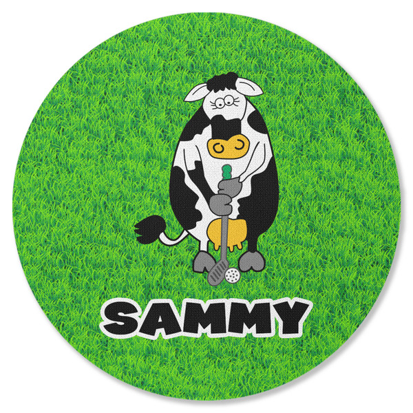 Custom Cow Golfer Round Rubber Backed Coaster (Personalized)