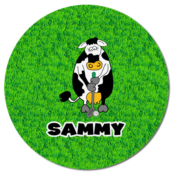 Cow Golfer Round Fridge Magnet - FRONT