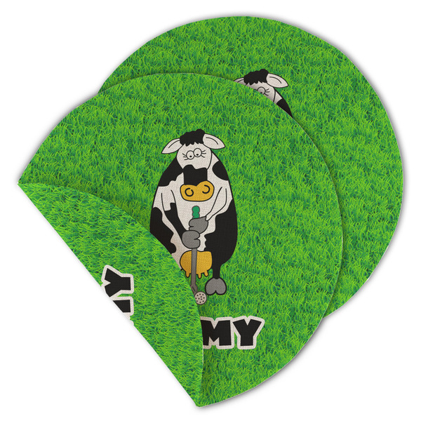 Custom Cow Golfer Round Linen Placemat - Double Sided - Set of 4 (Personalized)