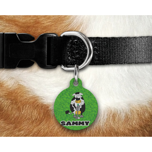 Cow Golfer Round Pet Tag on Collar & Dog
