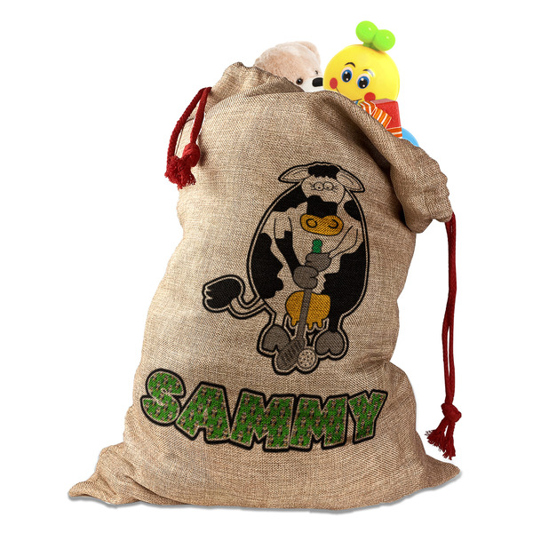 Cow Golfer Santa Bag - Front (stuffed w toys) PARENT